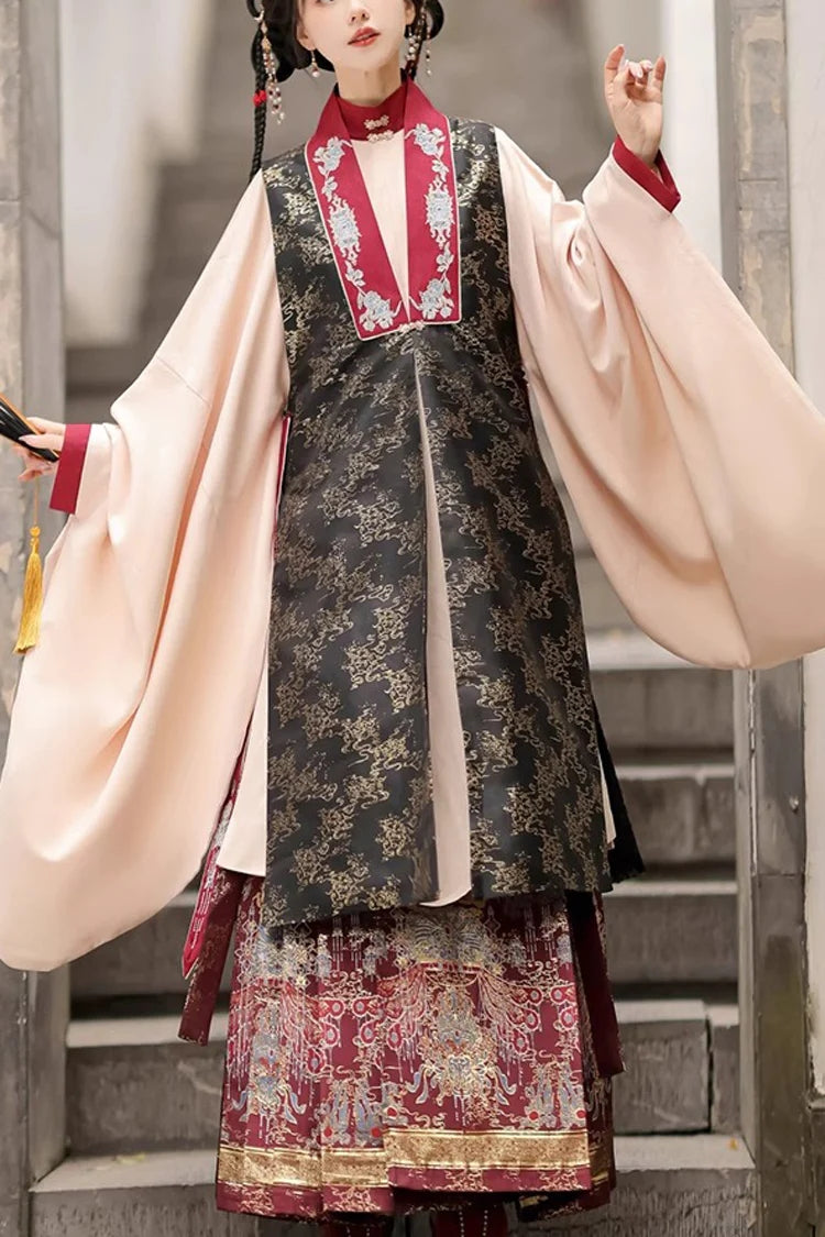 Crimson & Charcoal Round Neck High-Waist Embossed Hanfu Ensemble Three-Piece