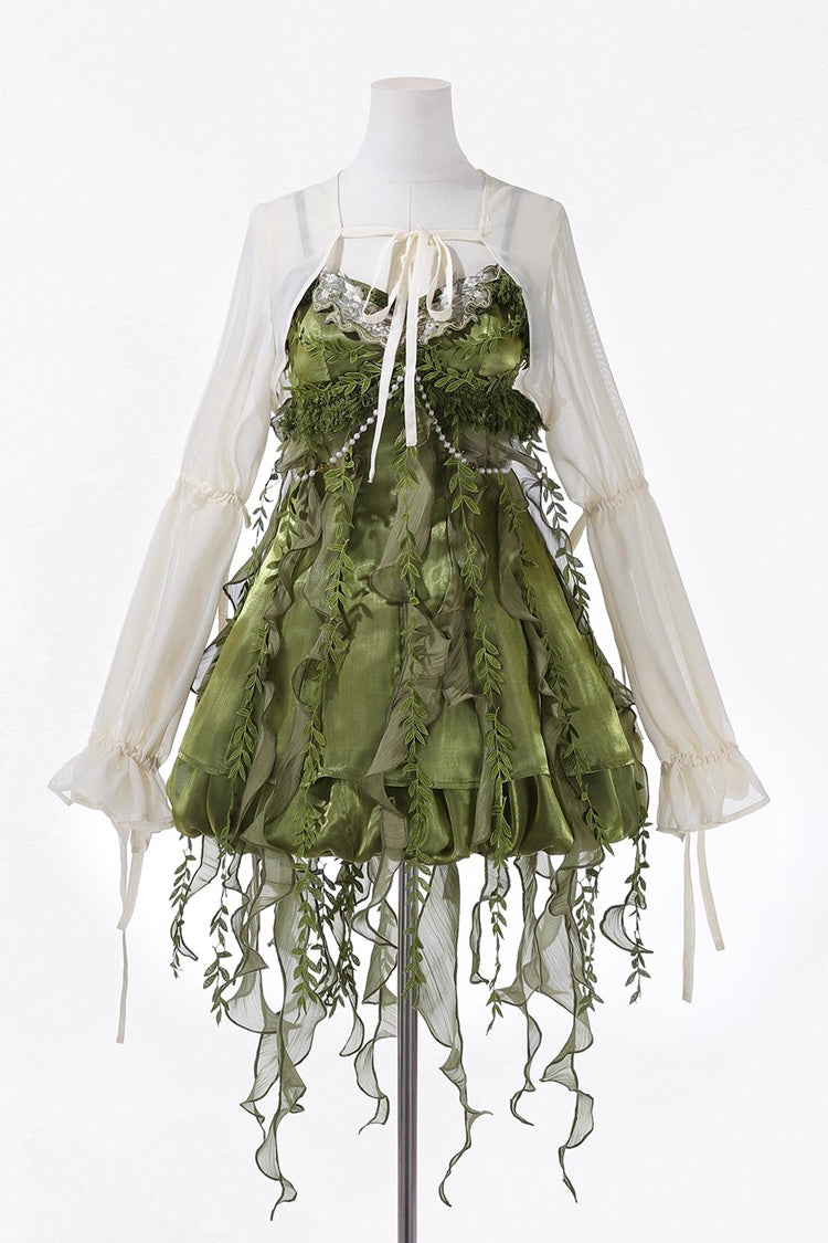 Emerald Leaf Decoration Ruffle Asymmetric Sweet Lolita Jumper Dress Set
