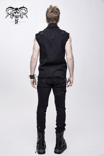 Men's Punk Waistcoat with Faded Finish, Bullet Clip and Rivet Details