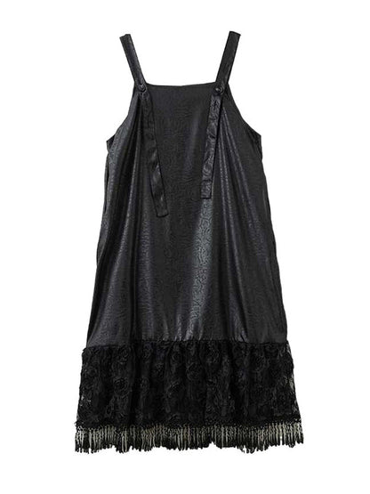 Elegant Black Square Collar Jacquard Patchwork Lace Ruffled Hem Suspender Dress TW010