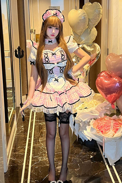 Blush Square Collar Short-Sleeve Double-Layer Printed Ruffle Bow Maid Dress - Girlish Plaid