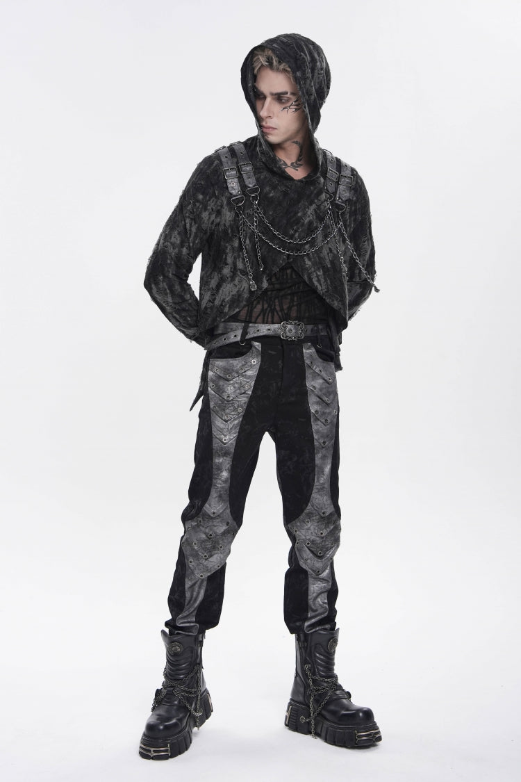 Ebony Long-Sleeve Hooded Sheer Ripped Faux Two-Piece Zip Eyelet Punk Tee