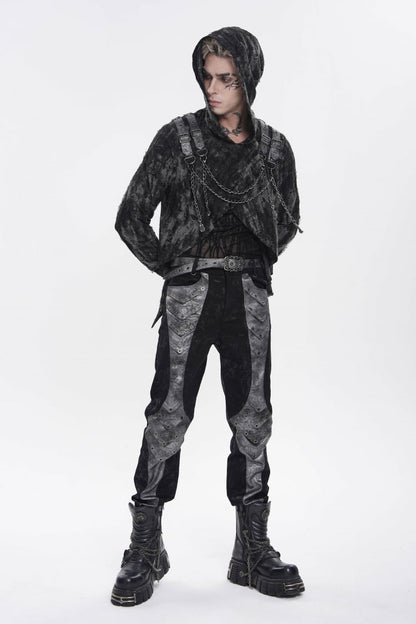 Ebony Long-Sleeve Hooded Sheer Ripped Faux Two-Piece Zip Eyelet Punk Tee