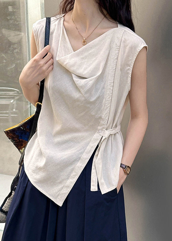 Beige Solid Cotton Blouse Tops Turtle Neck Sleeveless AF1044