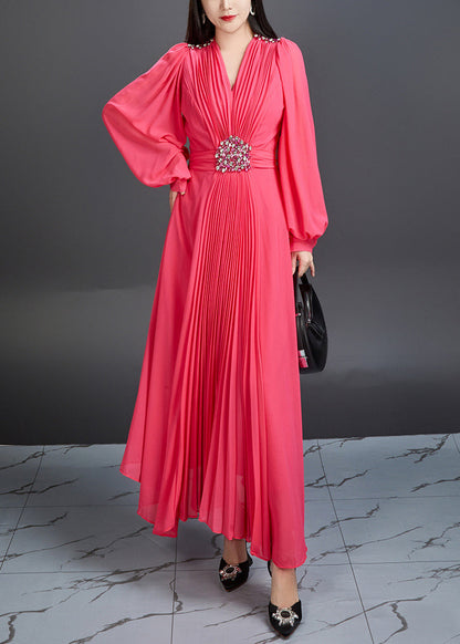 Neuartiges rotes V-Ausschnitt-Falten-Chiffon-langes Kleid Herbst AR1039 