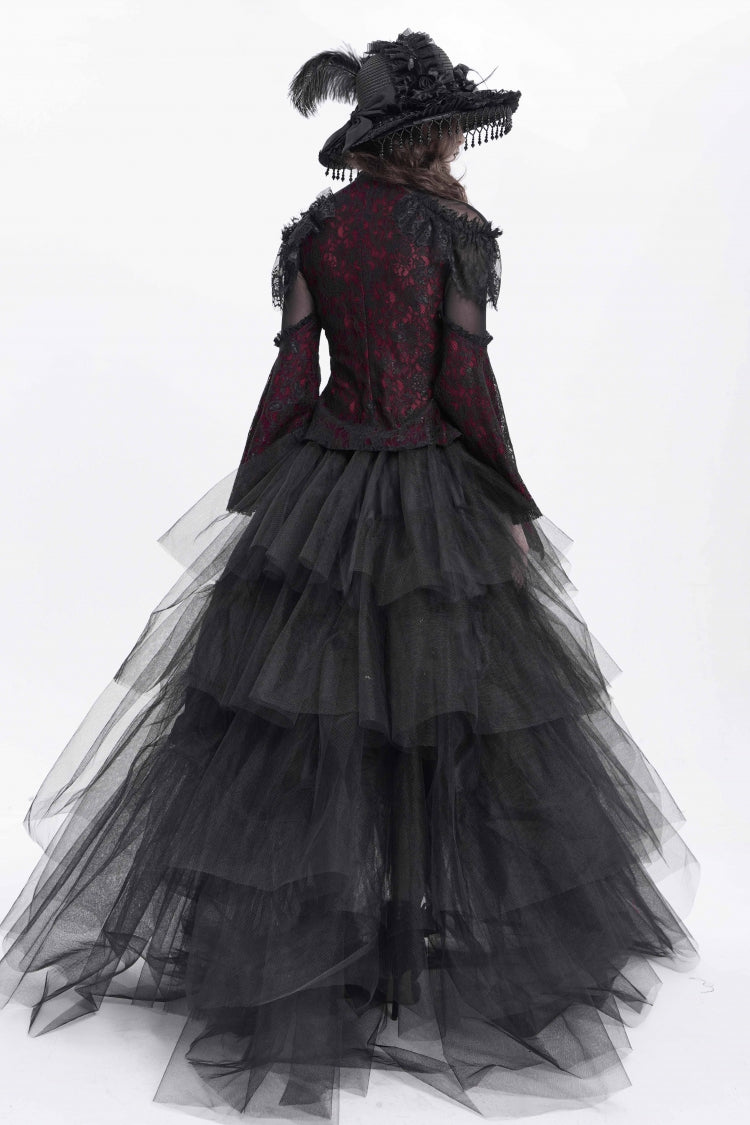 Crimson High-Neck Gothic Lace Blouse with Embroidered Flared Sleeves