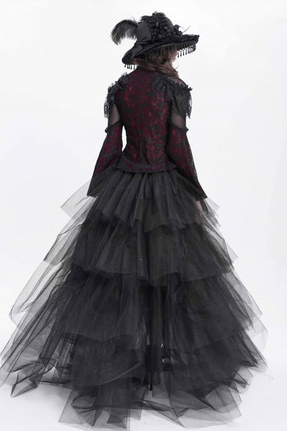 Crimson High-Neck Gothic Lace Blouse with Embroidered Flared Sleeves