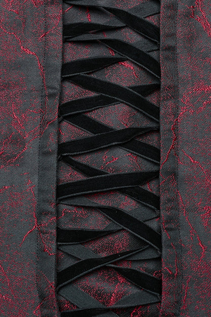 Crimson & Obsidian Short Puff Sleeves Lace-Up Gothic Dress