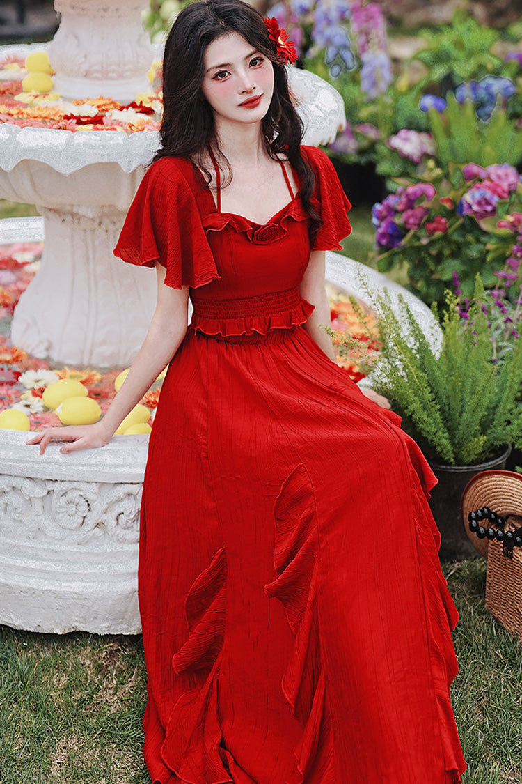 Crimson Halterneck Vintage Lolita Long Skirt Set with Ruffles