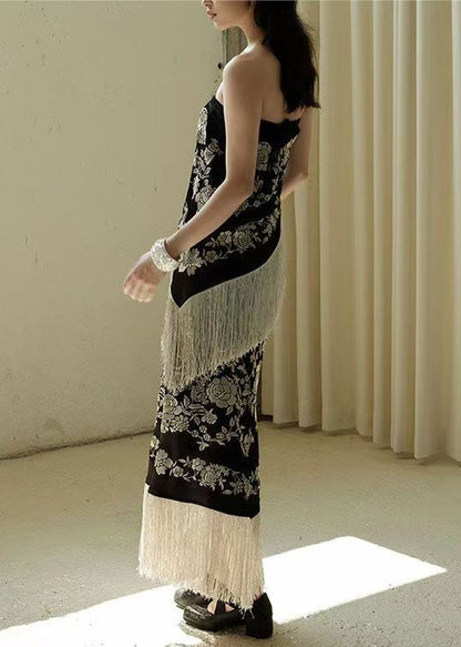 Black High Sleeveless Tasseled Patchwork Waist Novelty Dresses