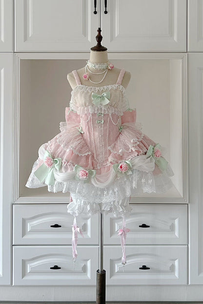Blush Sleeveless Embroidered Bow Lace Pearl JSK with Ruffles - Honey Rose