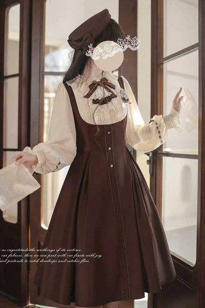 Sunset Academy Vintage College Lolita Dress with Ruffle Bowknot - Long Sleeves