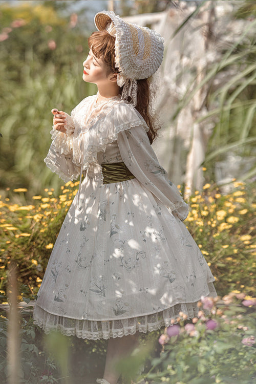 Floral Print Sweet Lolita OP Dress with Ruffled Lantern Sleeves & Lace Round Collar, Cream