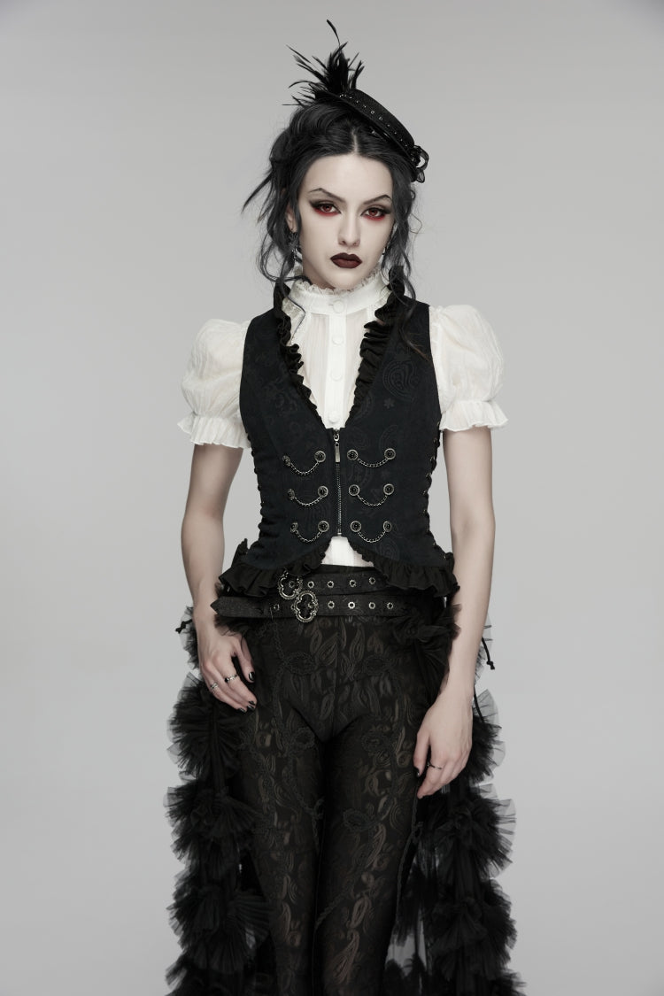 Women's Gothic Palace Vest with Lace-Up and Slim Pleated Design in Black Jacquard