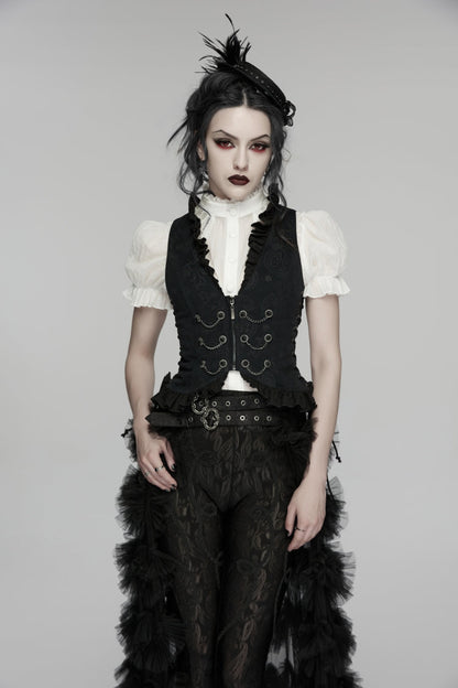 Women's Gothic Palace Vest with Lace-Up and Slim Pleated Design in Black Jacquard