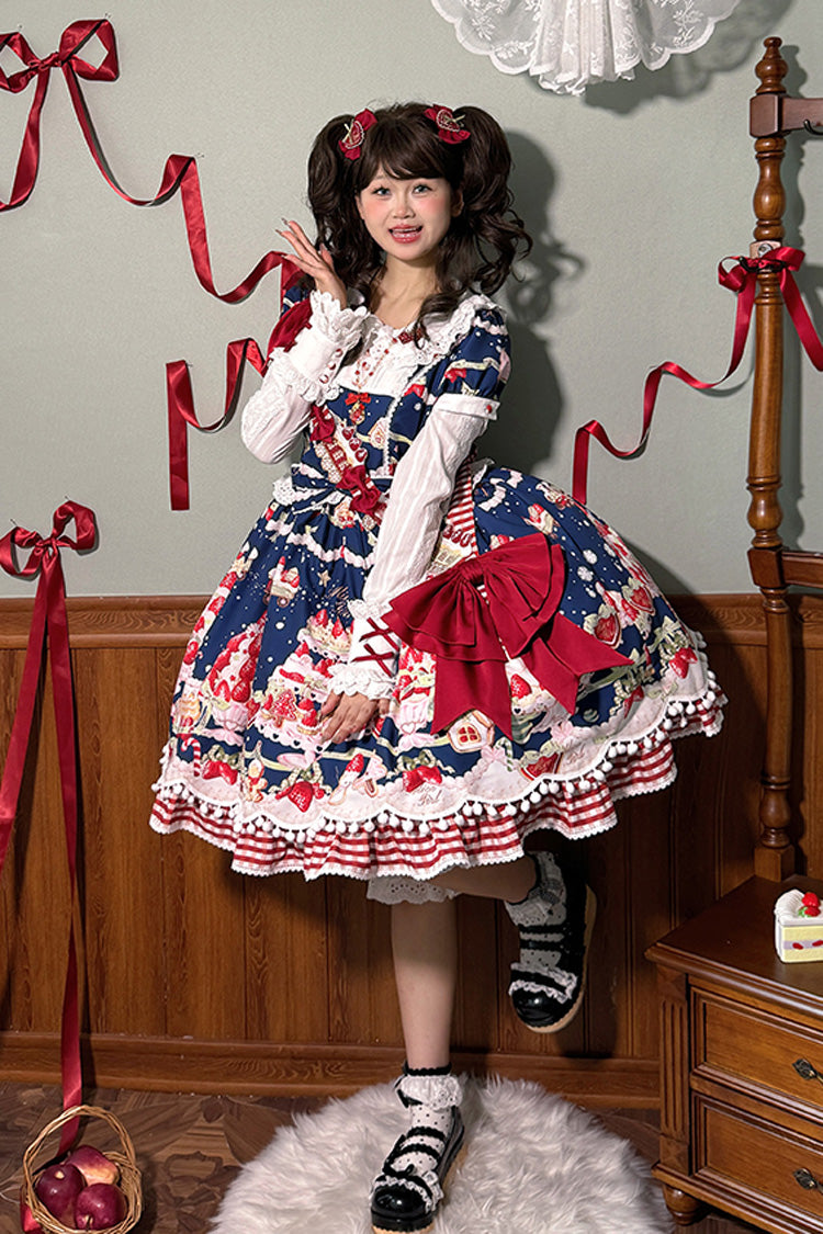 Doll Collar Short Sleeve Print Ruffle Bowknot Sweet Lolita Dress with Strawberry Dessert - 4 Colors