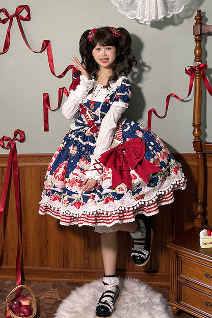 Doll Collar Short Sleeve Print Ruffle Bowknot Sweet Lolita Dress with Strawberry Dessert - 4 Colors