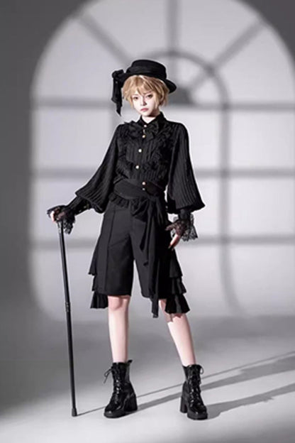 Medieval Ouji Lolita Blouse and Knee-Length Shorts Set in Black