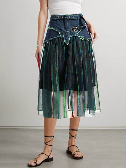 Denim Shiny Waisted Skirt A-Line Green Belted Chic High Tulle