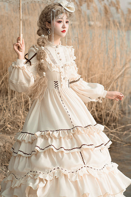 Tiered Sweet Lolita OP Gown with Removable Multi-Layer Ruffles & Lantern Sleeves, Cream