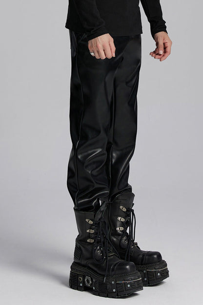 Punk Leather Pants for Men - Black Slim Fit