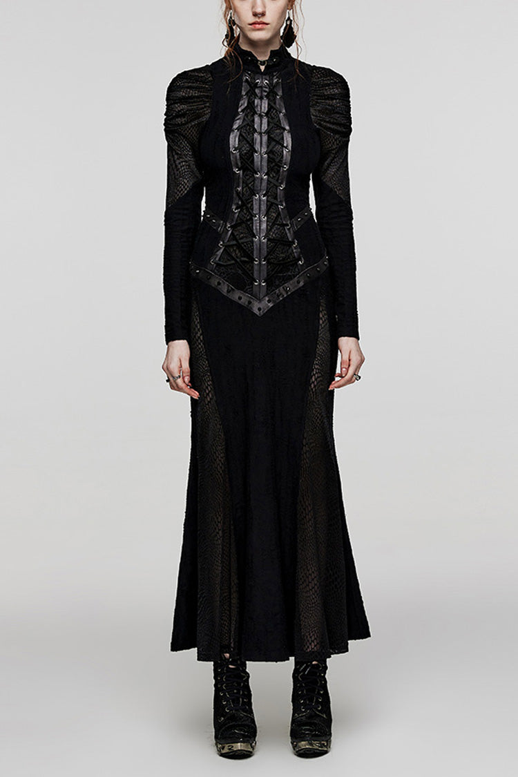 Black Gothic Dress with Snake Print, Lace-Up Mesh and High Collar for Women