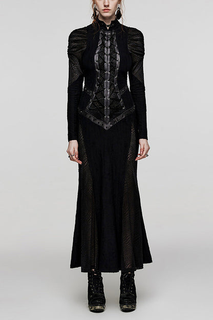 Black Gothic Dress with Snake Print, Lace-Up Mesh and High Collar for Women