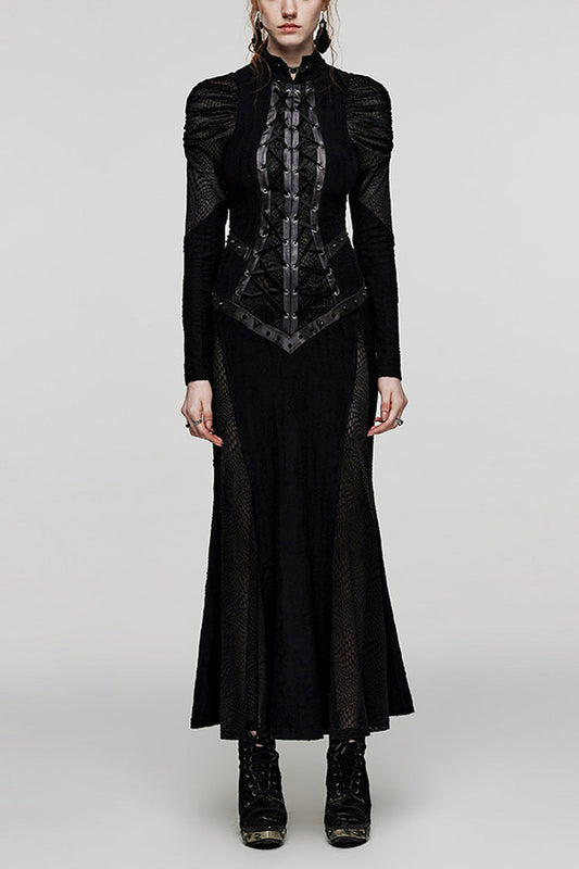 Black Gothic Dress with Snake Print, Lace-Up Mesh and High Collar for Women