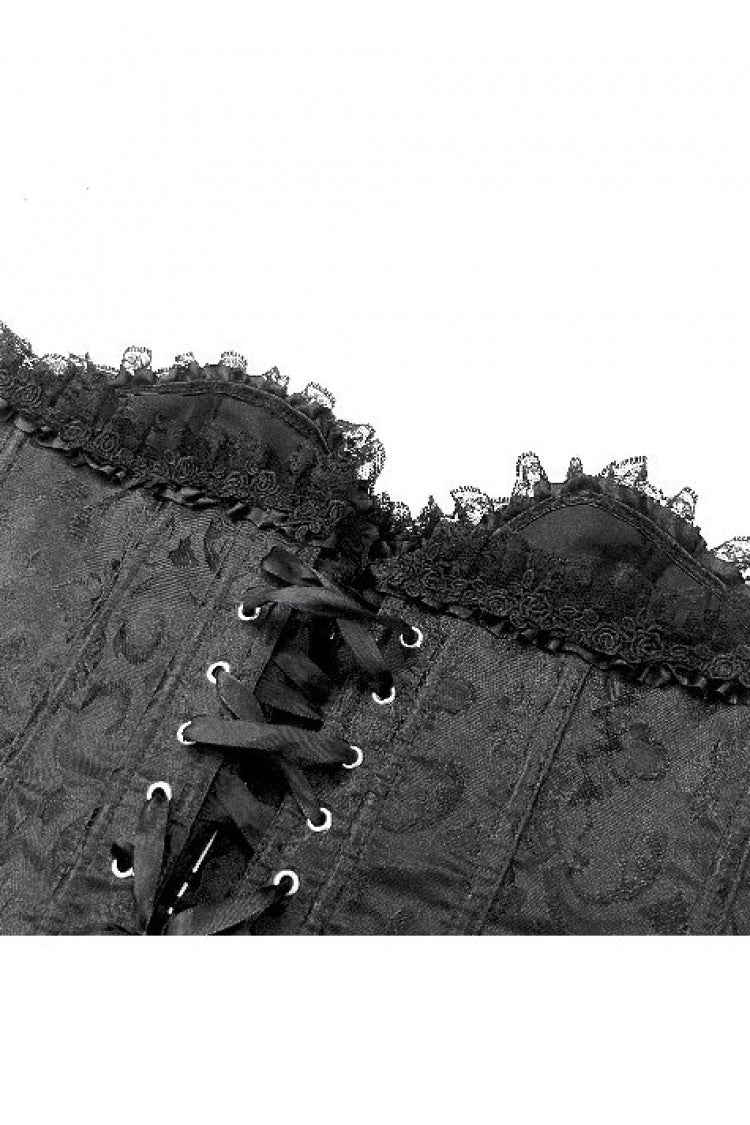 Women's Gothic Overbust Corset with Ruffled Lace and Lace-Up in Black Jacquard