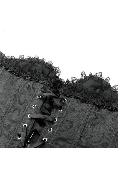 Women's Gothic Overbust Corset with Ruffled Lace and Lace-Up in Black Jacquard