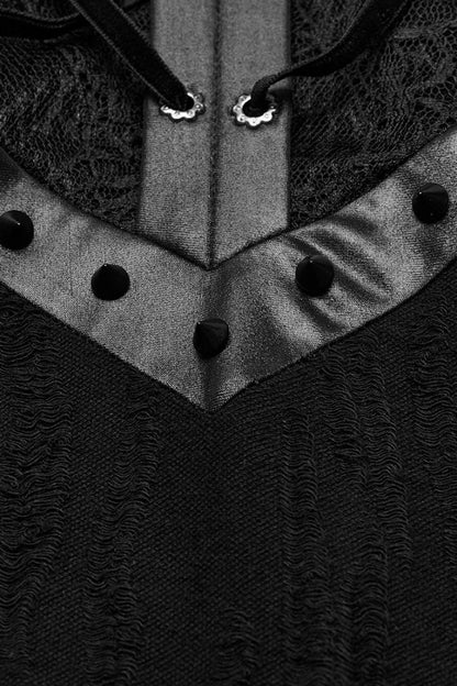 Black Gothic Dress with Snake Print, Lace-Up Mesh and High Collar for Women