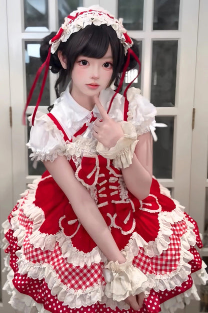 Crimson Halterneck Sweet Lolita JSK Set with Polka Dots and Ruffles