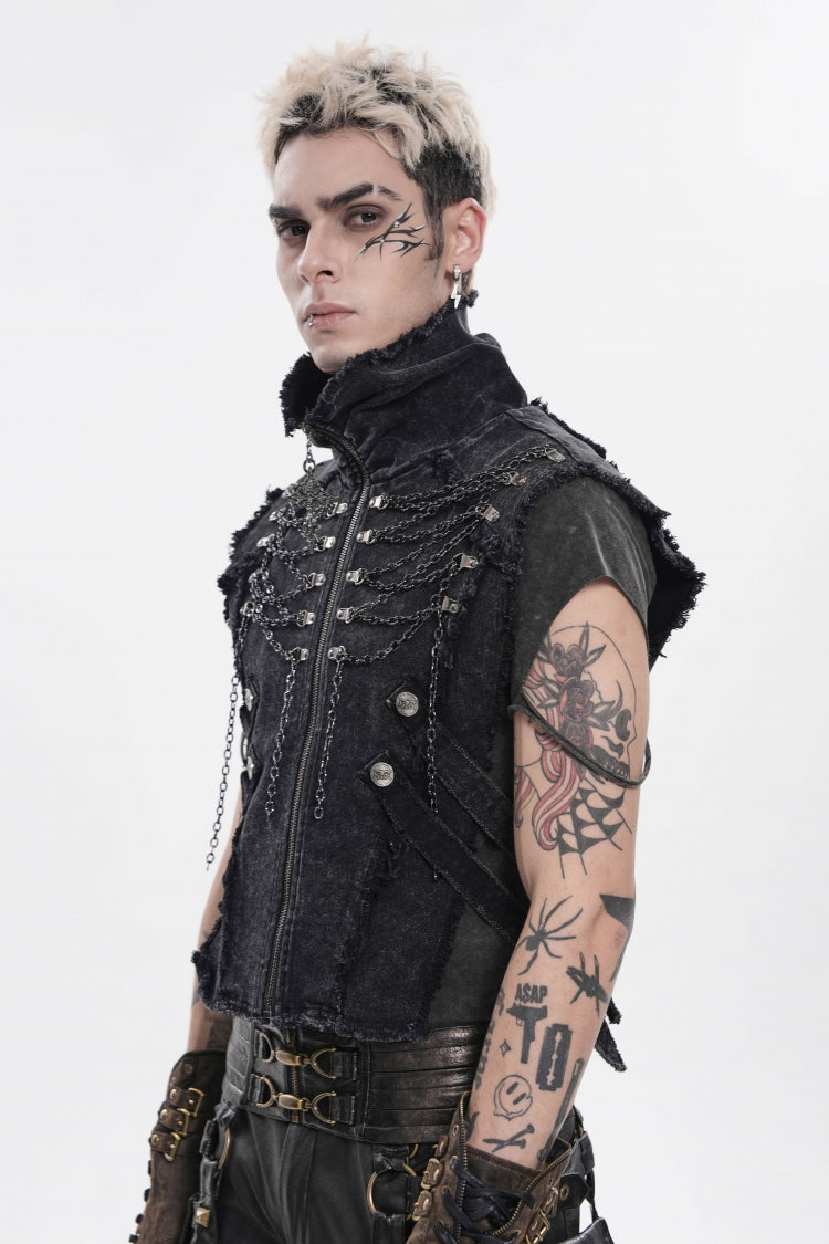 Edgy Black Punk Vest for Men, Sleeveless with Zippers and Chain Accents