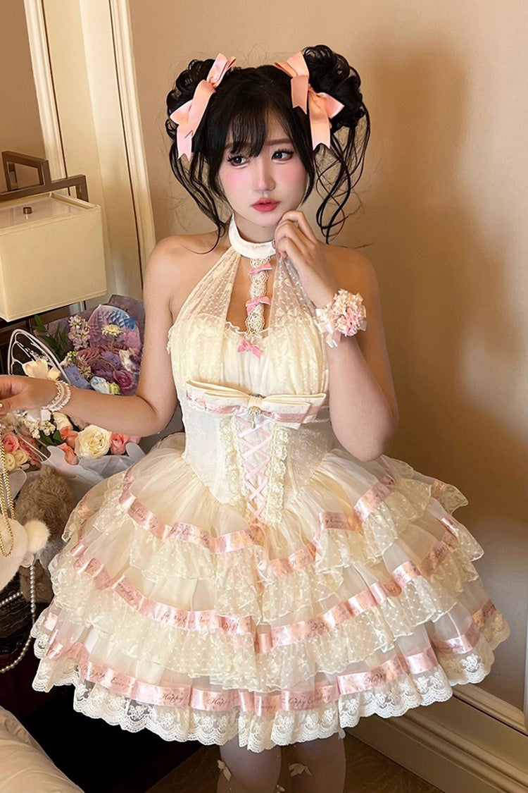 Sweet Princess Lolita Frocks with Halterneck Ruffles & Lace-Up Bows in Cream