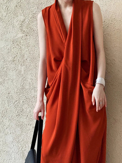 Pockets with Draped Sleeveless Dress Elegant Midi