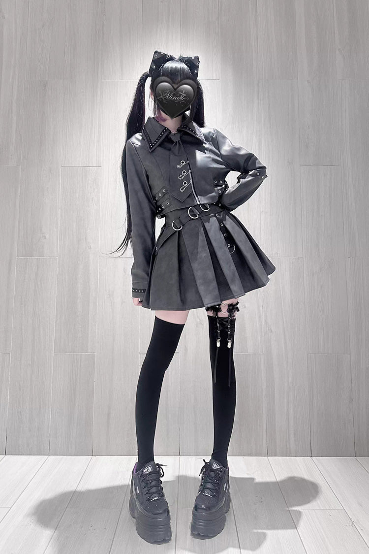 Japanese Handsome Top and Skirt Set with Studded Eyelet in Black