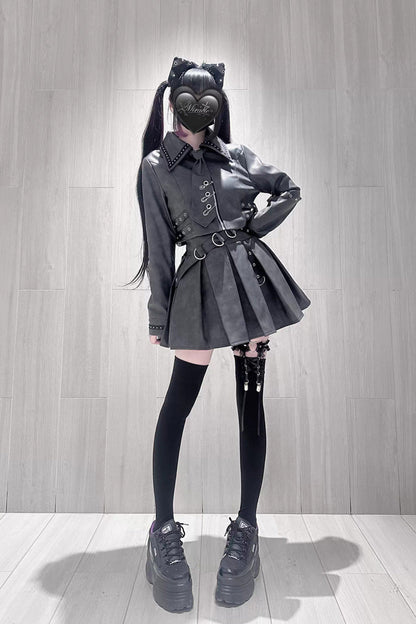 Japanese Handsome Top and Skirt Set with Studded Eyelet in Black