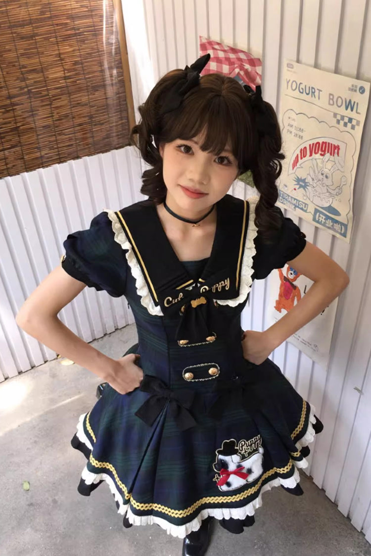 Azure Dalmatian Print Short Sleeve Ruffle Bow Slim Sweet Lolita Gown