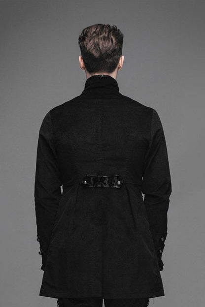 Men's Gothic Coat in Velvet with Embroidered Collar and Faux Two-Piece Style