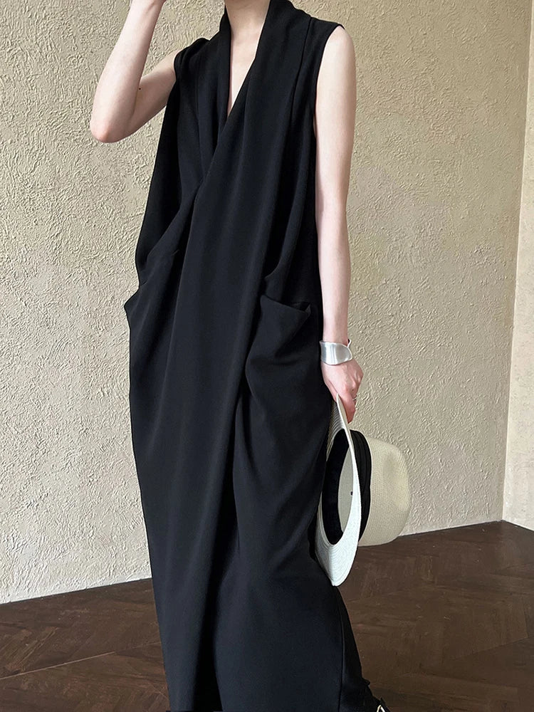 Pockets with Draped Sleeveless Dress Elegant Midi