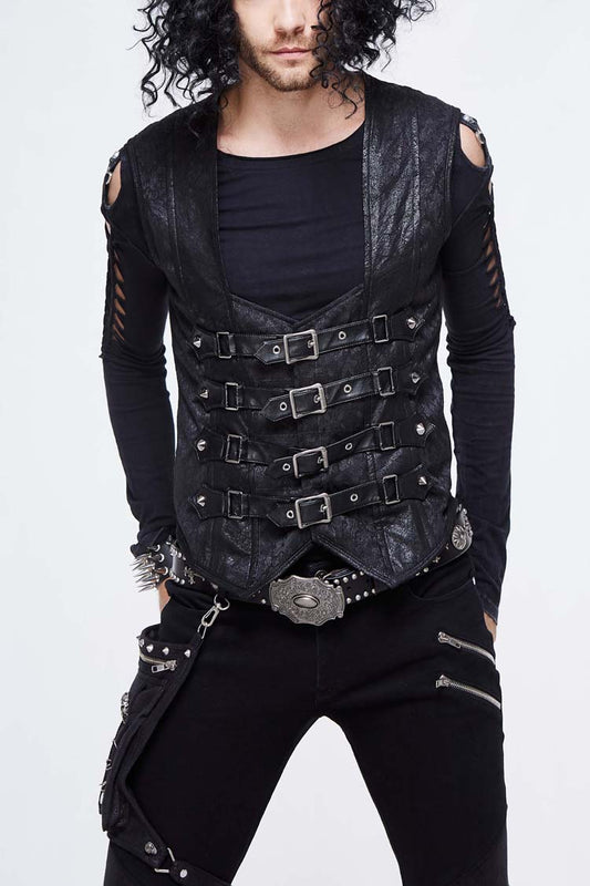 Men's Punk Waistcoat with Lace Up Chest Loop and Heat Seal Backing Splice in Black Jacquard