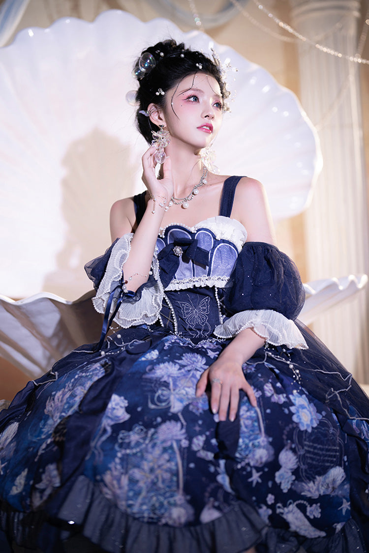 Azure Deep Sea Jellyfish Print Ruffle Lace Sweet Elegant Lolita Jumper Dress