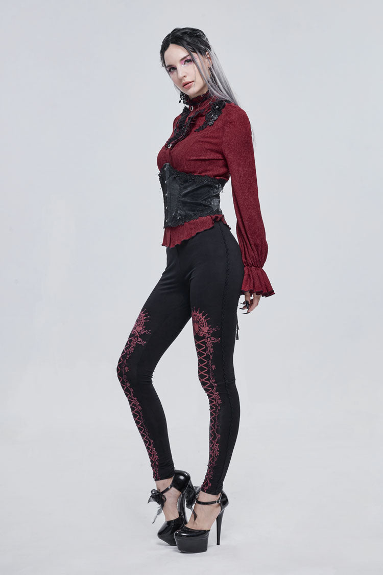 Crimson & Charcoal Printed Tie-Strap Adjustable Goth Leggings