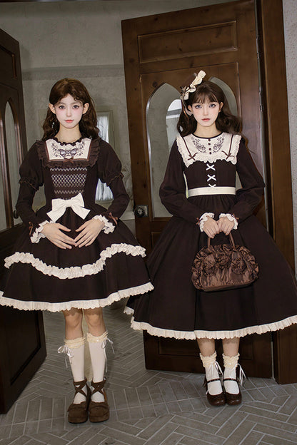 Rustic Brown Embroidered Ruffle Sleeve Sweet Lolita Gown - Miss Brown