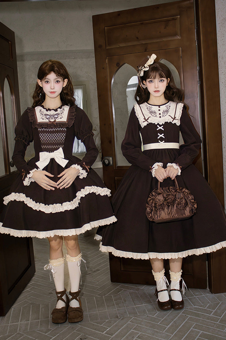 Rustic Brown Double Ruffle Bow Embroidered Sweet Lolita Mini Dress - Miss Brown
