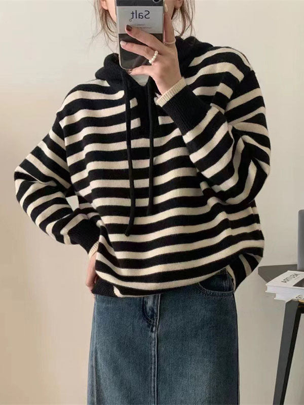 Casual Black Hooded Drawstring V-Neck Contrast Color Striped Long Sleeve Sweater QX019