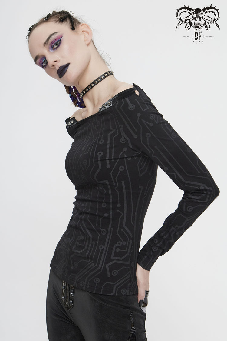 Circuit Pattern Off-Shoulder Rivet Tight T-Shirt for Women