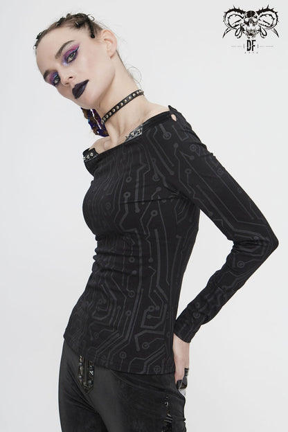 Circuit Pattern Off-Shoulder Rivet Tight T-Shirt for Women