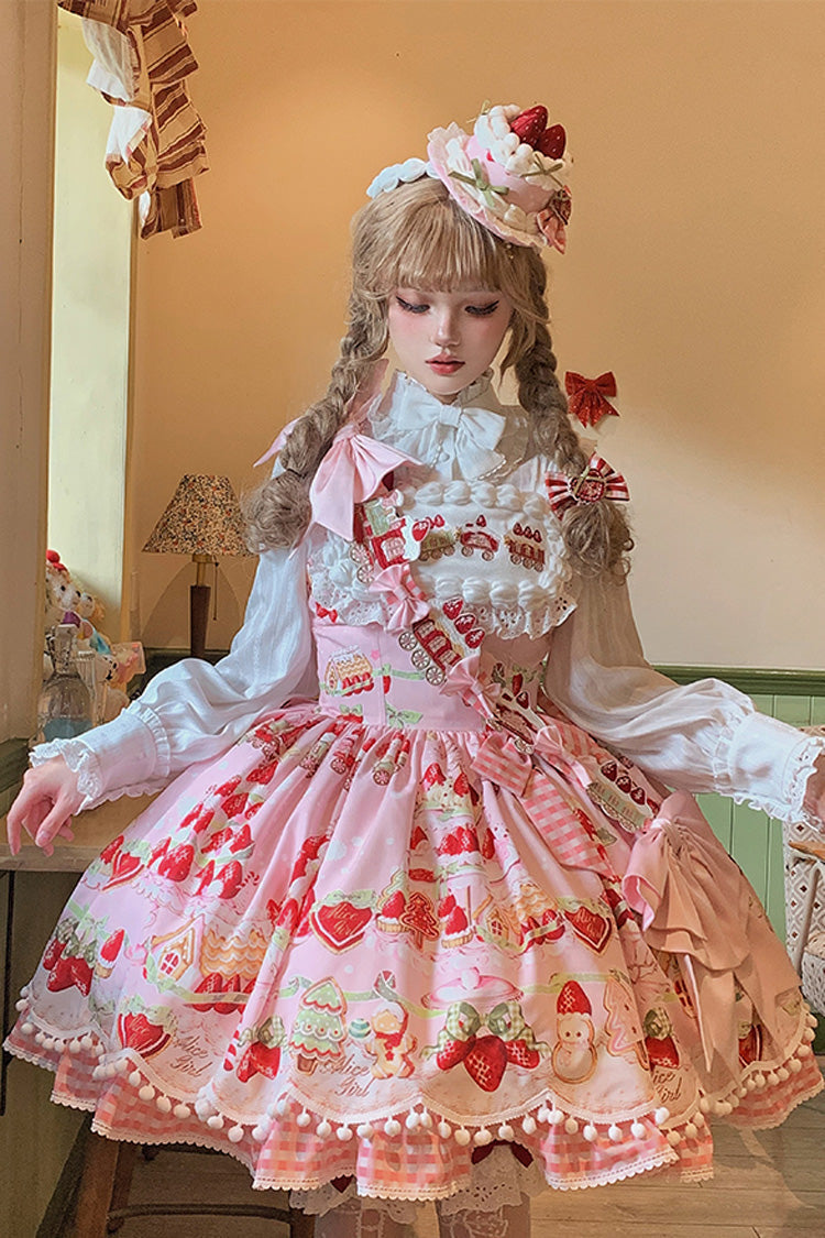 Natural Waisted Ruffle Bowknot Sweet Lolita JSK Dress with Strawberry Dessert Print - 4 Colors