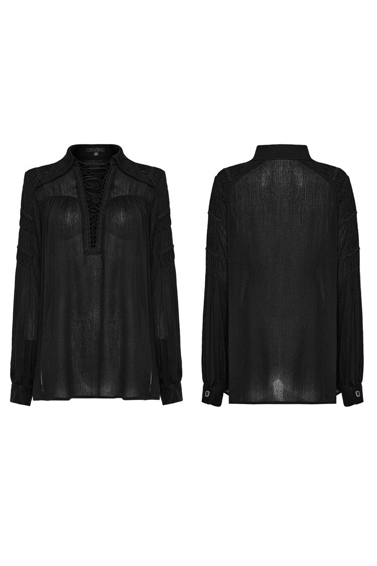 Women's Turn-Down Collar Long Sleeve Lace Ruched Gothic Blouse Two Tones